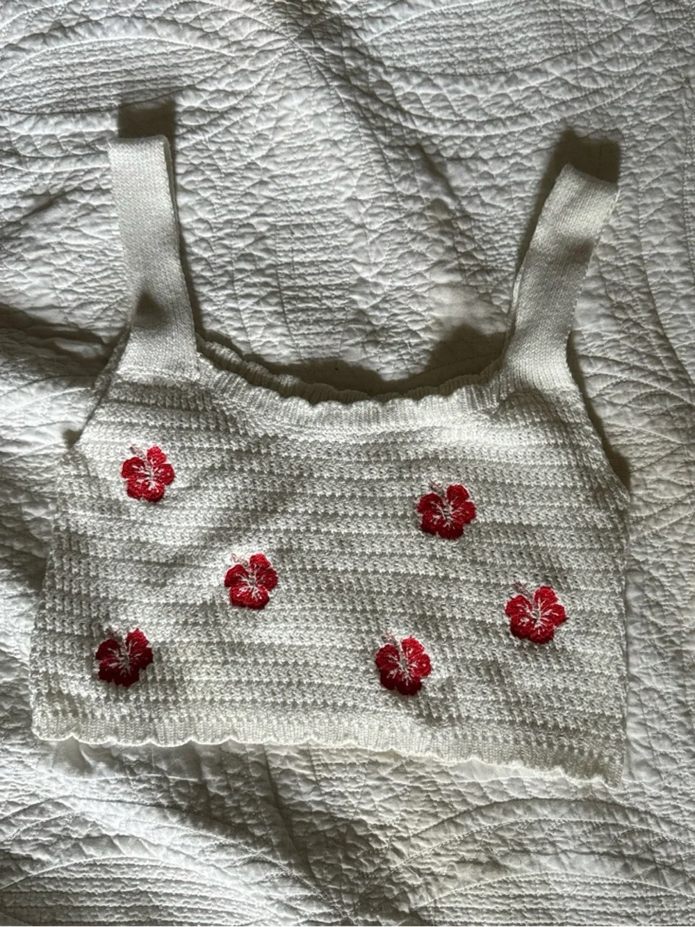 wild fable White Knit Bandeau Crop Top with Red Floral Embroidery
